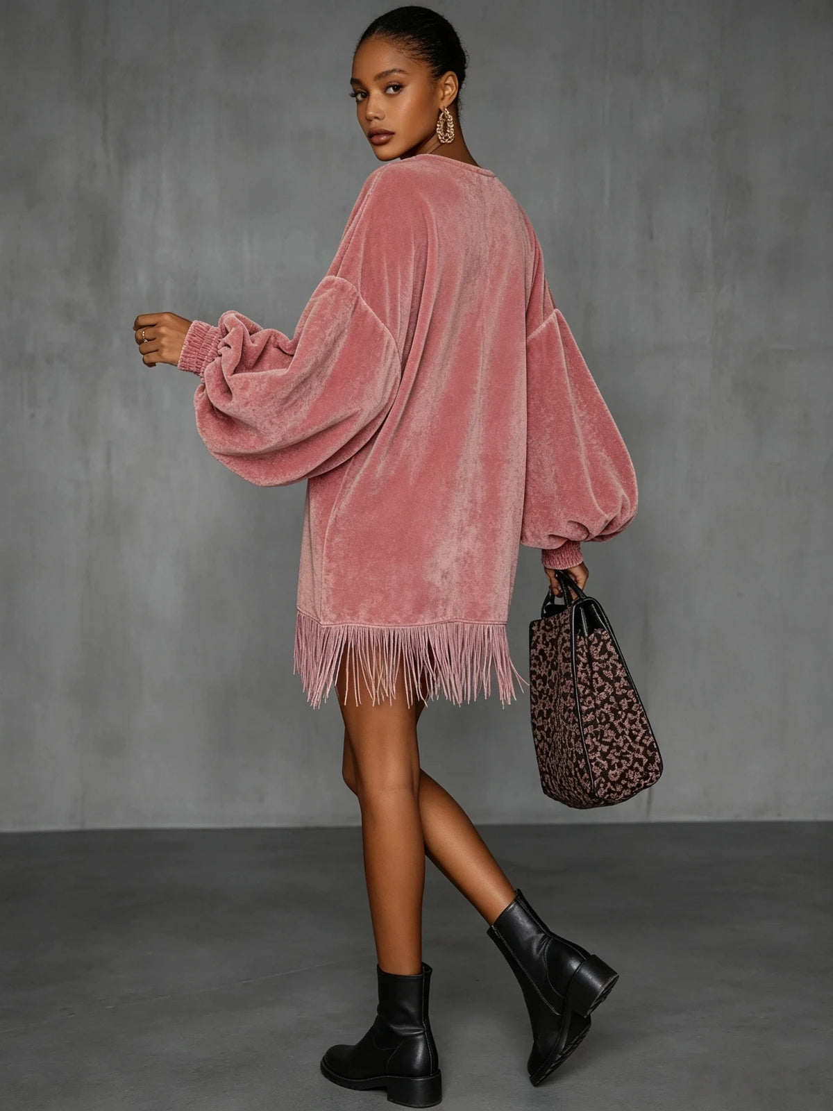 Women's Fringe Hem Lantern Sleeve Mini Party Dress