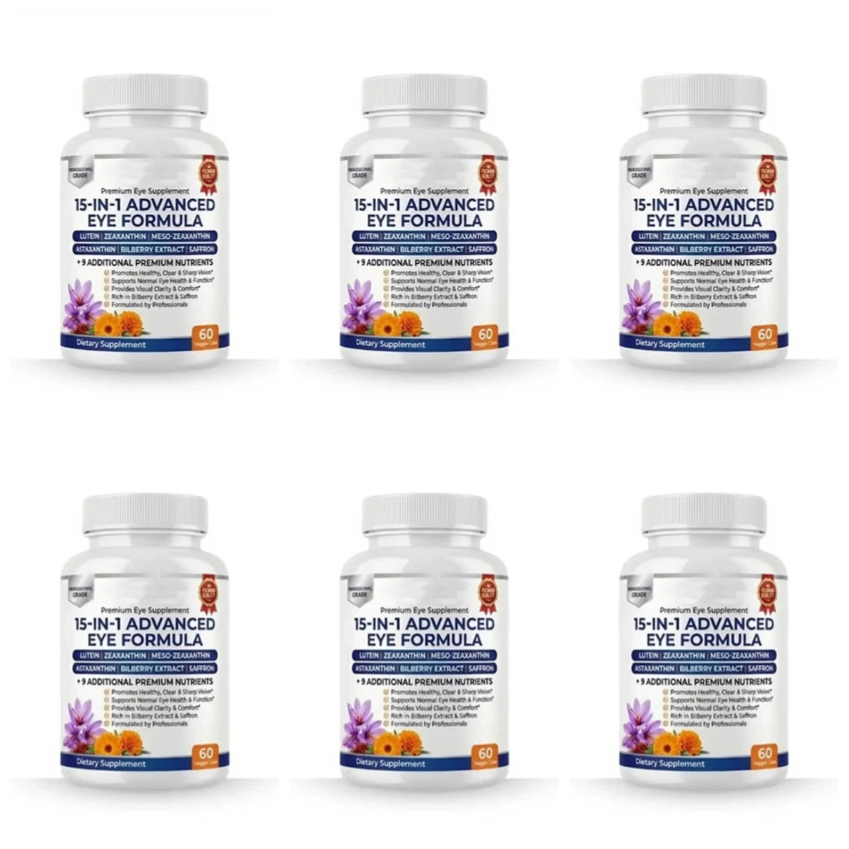 15-in-1 Eye Formula Supplement Lutein Zeaxanthin Bilberry 60 Veggie Caps