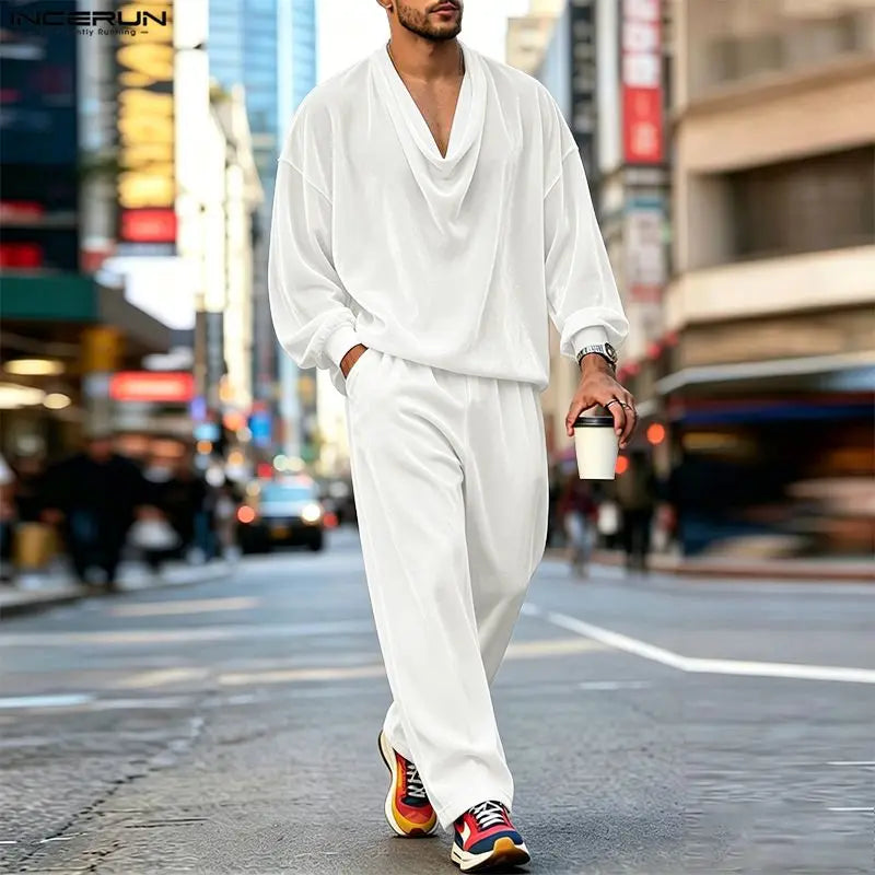 Men's Solid Color Velour Pleated Long Sleeve Two Piece Set
