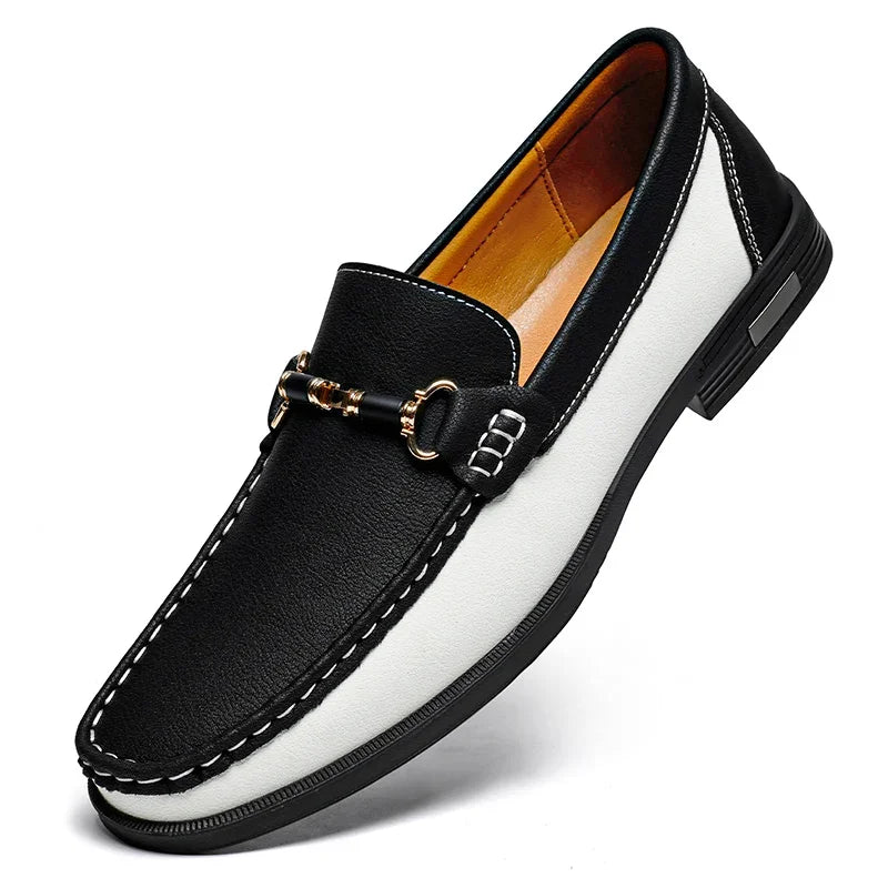Men's Genuine Leather Slip-On Loafers with Metal Buckle