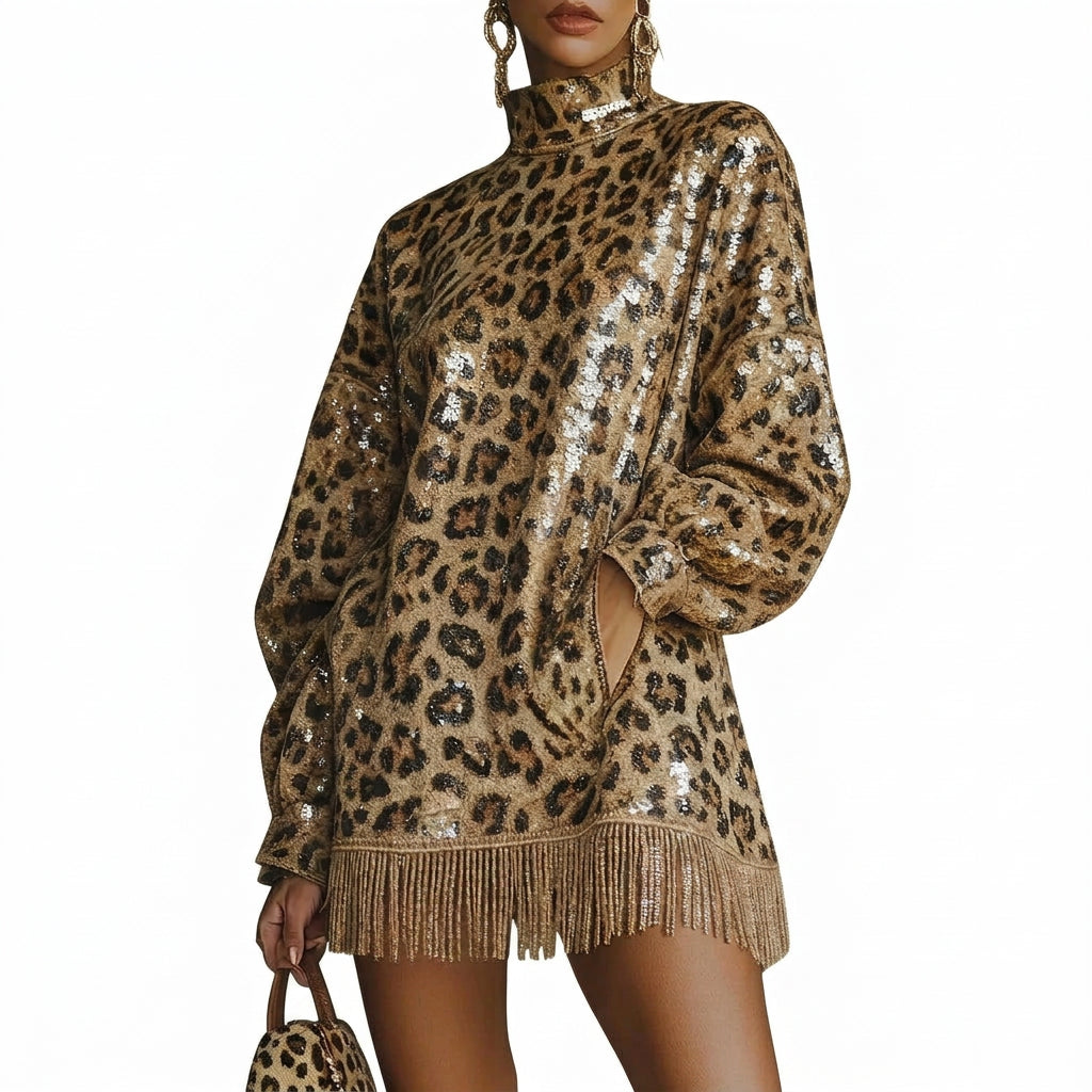 Women's Sequin Leopard Print Turtleneck Mini Dress