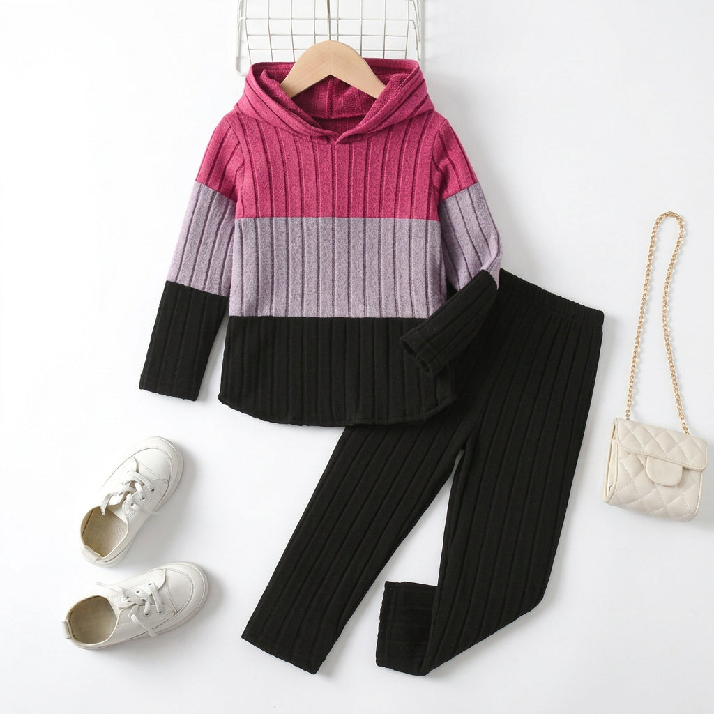 Girls' Color-Block Hooded Top and Pants 2-Piece Set