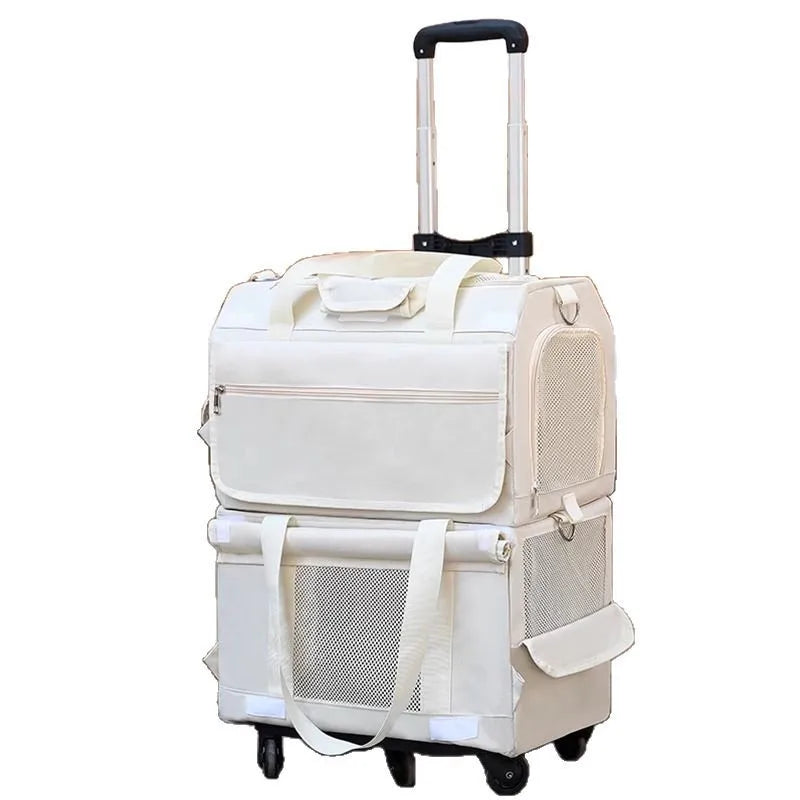 Foldable Double Layer Pet Trolley Travel Carrier for Cats Dogs