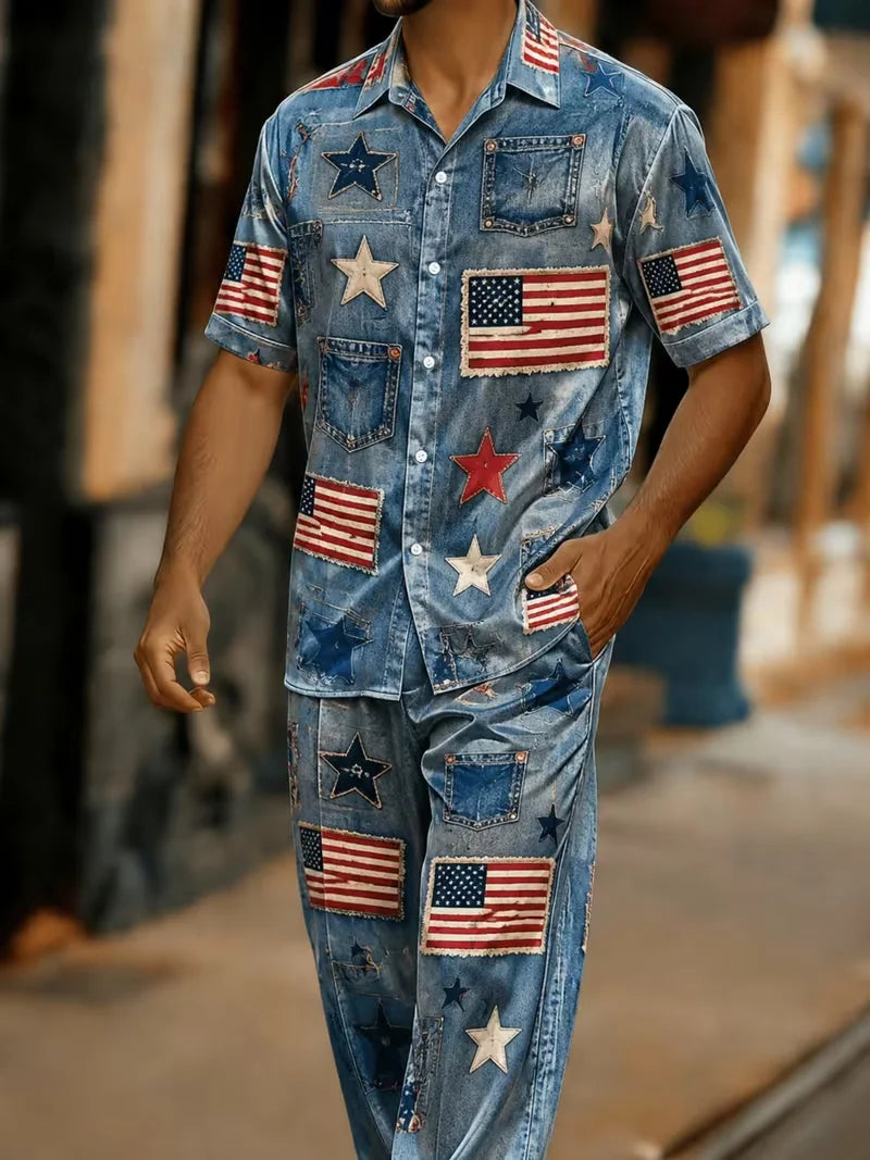 Men's Baroque Print Short Sleeve Shirt and Pants Two Piece Set