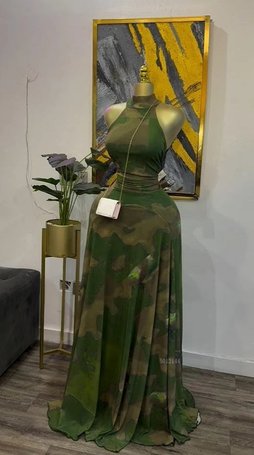 Women's Floral Print O-Neck Mermaid Maxi Dress