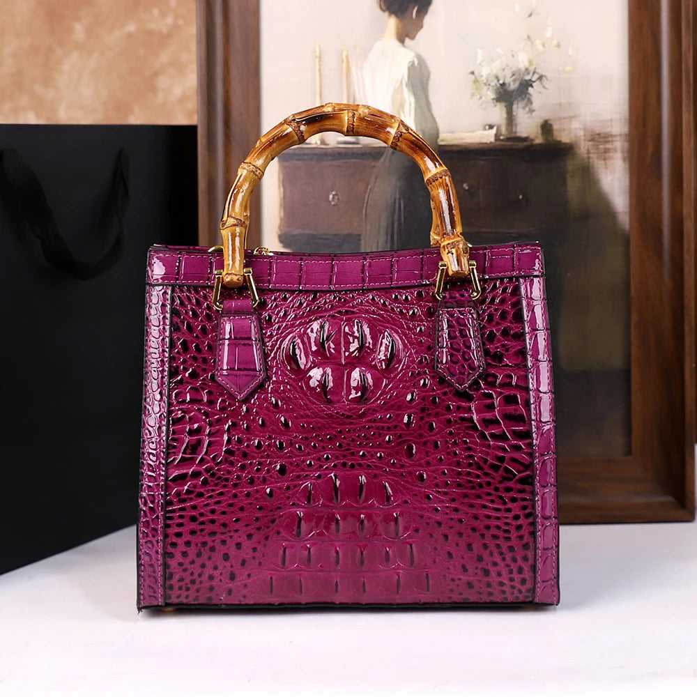 Women's Crocodile Pattern Bamboo Handle Handbag