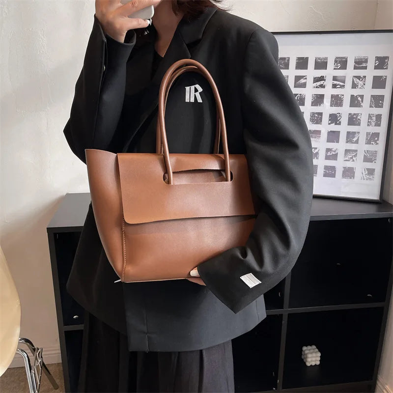 Women's Solid Color PU Leather Handbag Shoulder Tote Bag