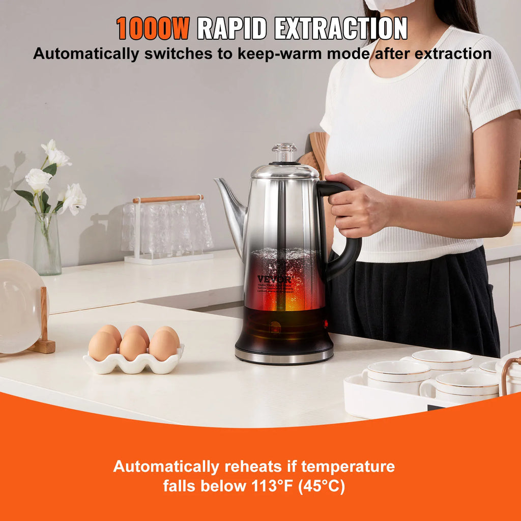 12-Cup 1000W Stainless Steel Electric Percolator Coffee Pot