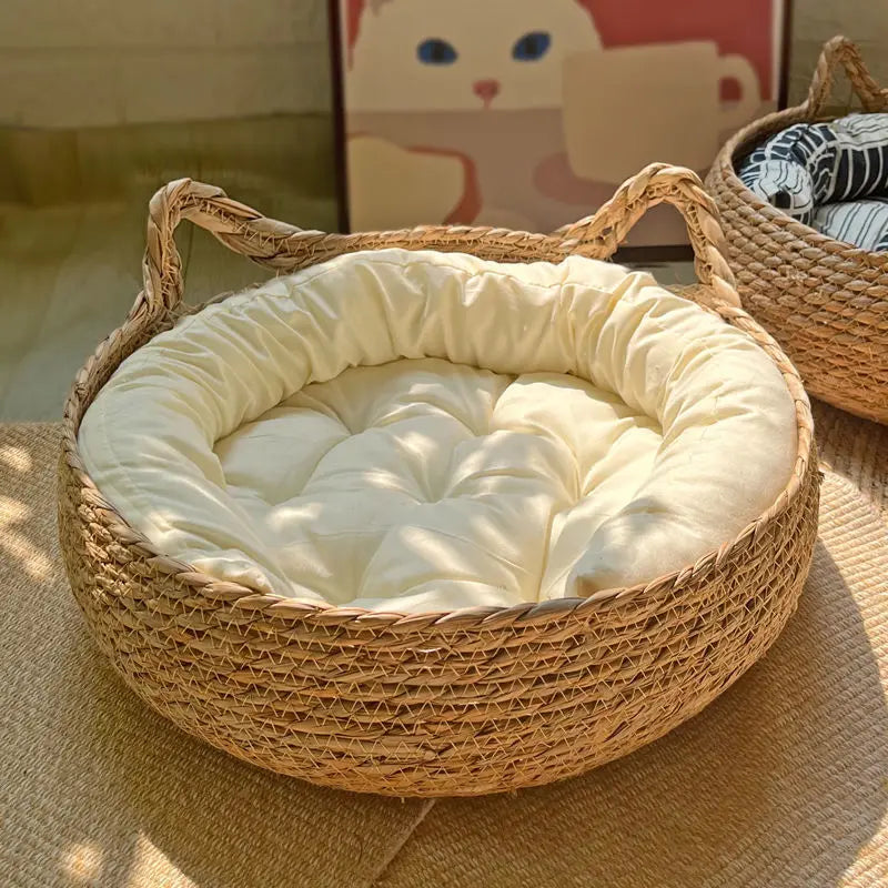 Rattan Weaving Cat Basket Bed with Cushion for Cats Dogs