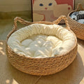 Rattan Weaving Cat Basket Bed with Cushion for Cats Dogs