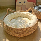 Rattan Weaving Cat Basket Bed with Cushion for Cats Dogs