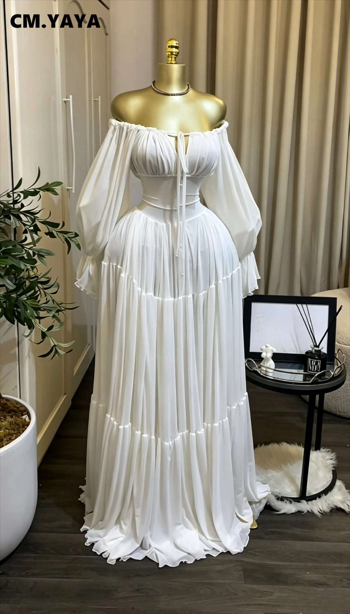 Women's Strapless Long Sleeve Belted Maxi Dress