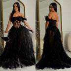 Women's Off-Shoulder Mesh Feather Floor-Length Gown