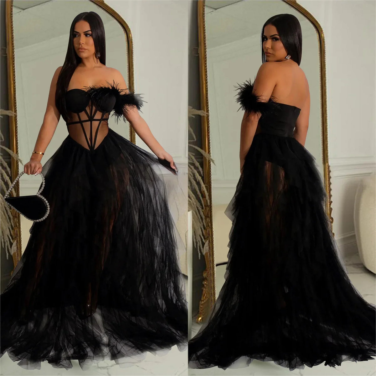 Women's Off-Shoulder Mesh Feather Floor-Length Gown