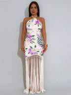 Women's Printed Halter Neck Backless Fringed Dress
