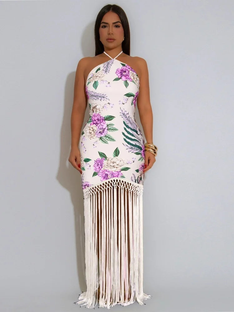 Women's Printed Halter Neck Backless Fringed Dress
