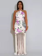 Women's Printed Halter Neck Backless Fringed Dress
