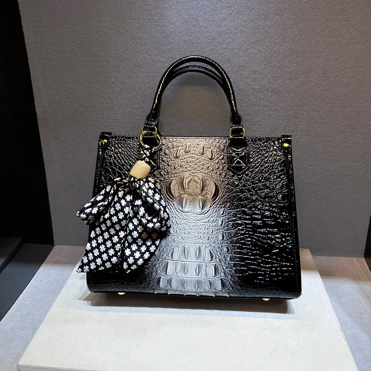 Women's Alligator Print Genuine Leather Handbag Shoulder Tote Bag