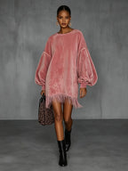 Women's Fringe Hem Lantern Sleeve Mini Party Dress