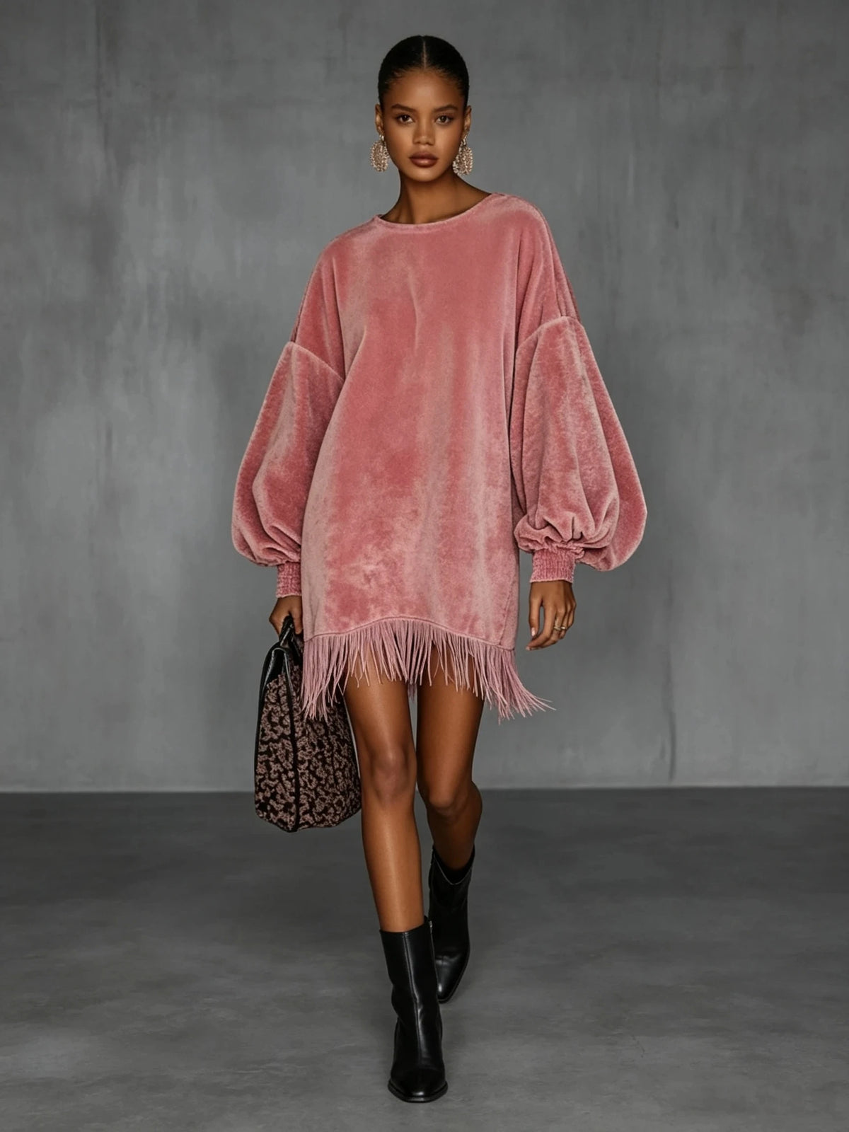 Women's Fringe Hem Lantern Sleeve Mini Party Dress