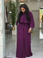 Women's Lantern Sleeve Round Neck Top and Wide Leg Pants Two-Piece Set