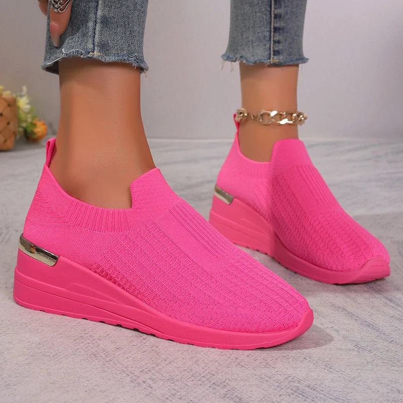 Women's Leopard Print Knitted Slip-On Wedge Sneakers
