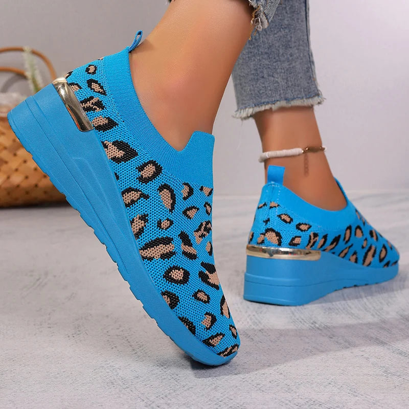 Women's Leopard Print Knitted Slip-On Wedge Sneakers