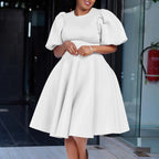 Women's High Waist Pleated O-Neck Midi Dress