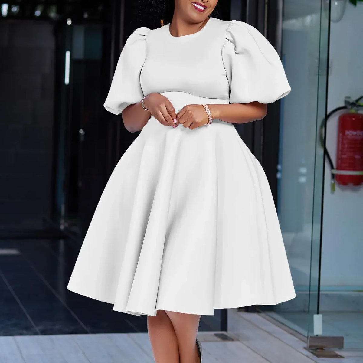 Women's High Waist Pleated O-Neck Midi Dress