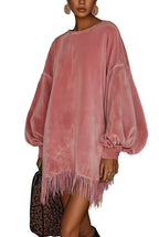 Women's Fringe Hem Lantern Sleeve Mini Party Dress