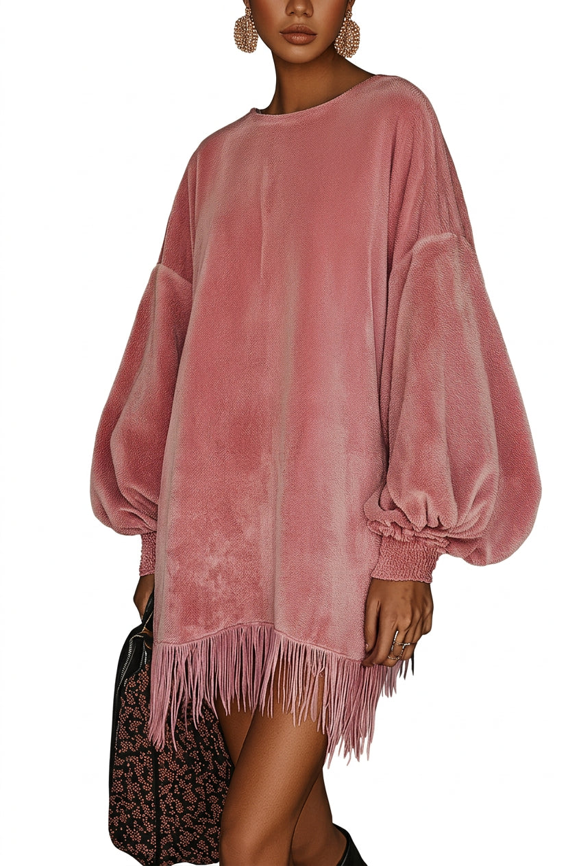 Women's Fringe Hem Lantern Sleeve Mini Party Dress