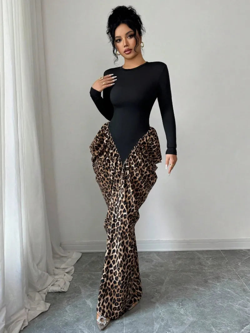 Women's Elegant Leopard Print Long Sleeve Maxi Dress