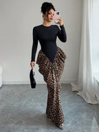 Women's Elegant Leopard Print Long Sleeve Maxi Dress