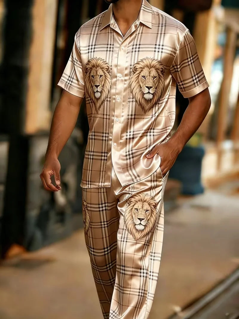 Men's Baroque Print Short Sleeve Shirt and Pants Two Piece Set