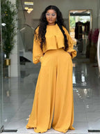 Women's Lantern Sleeve Round Neck Top and Wide Leg Pants Two-Piece Set