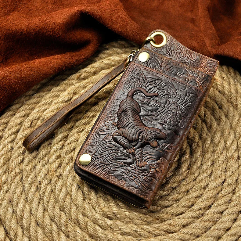 Men's Vintage Crazy Horse Genuine Leather Long Zipper Wallet