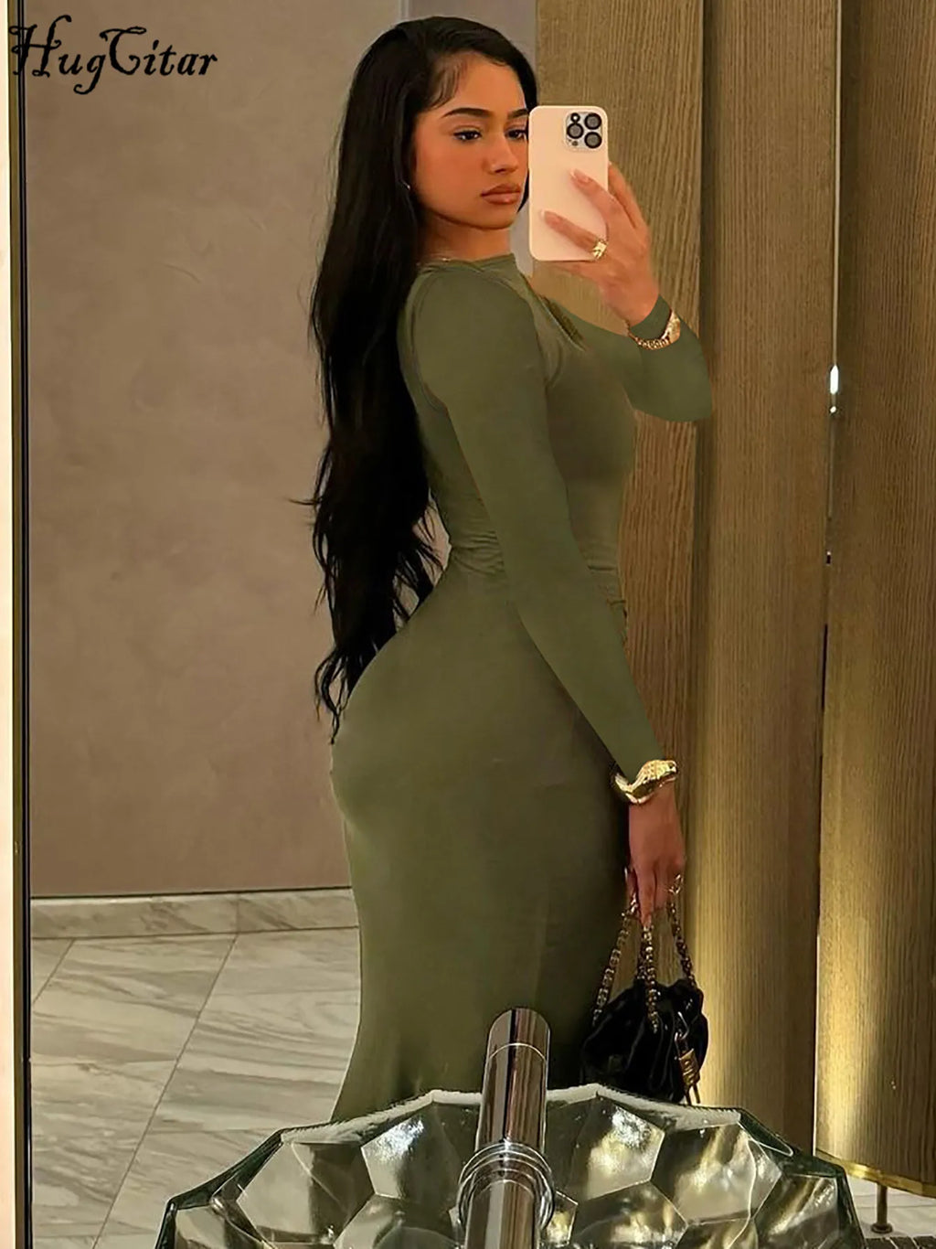 Women's Elegant Draped Long Sleeve Bodycon Maxi Dress