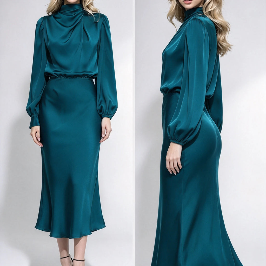Women's Satin Turtleneck Lantern Sleeve Midi Dress