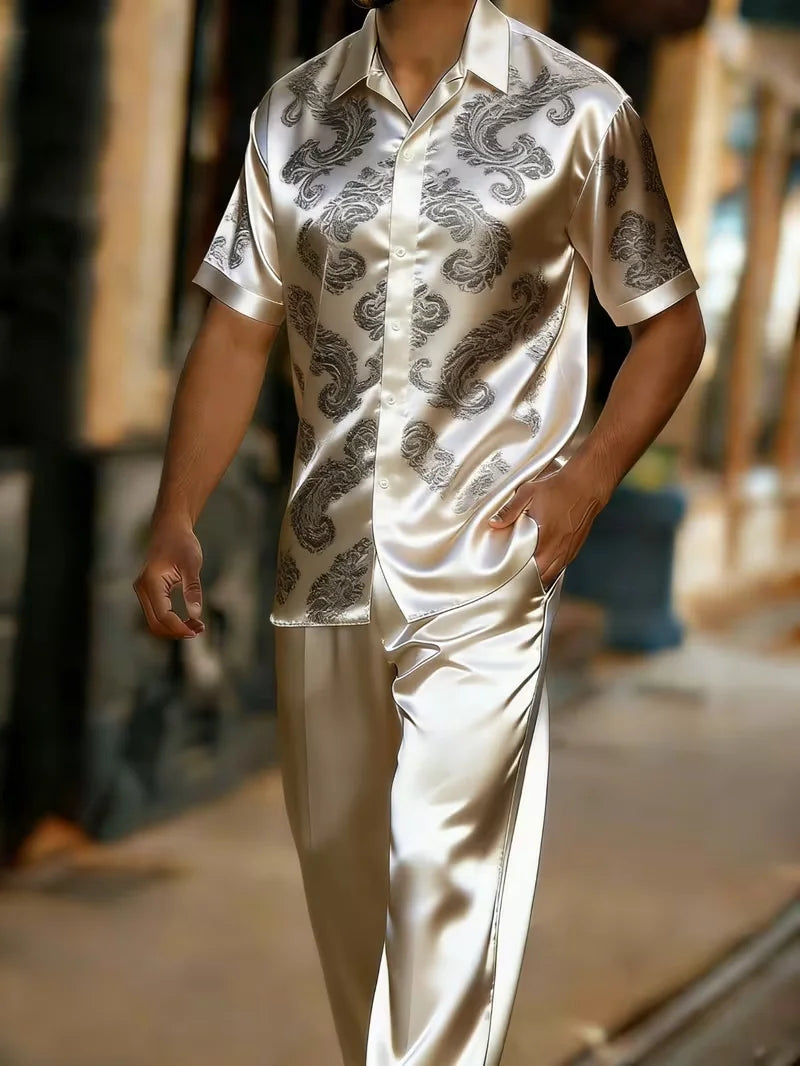 Men's 3D Print Short Sleeve Shirt and Pants Two Piece Set