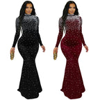 Women's Elegant Beaded Long Sleeve Mock Neck Maxi Dress