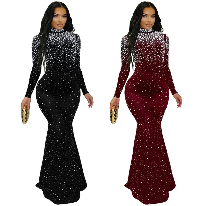 Women's Elegant Beaded Long Sleeve Mock Neck Maxi Dress
