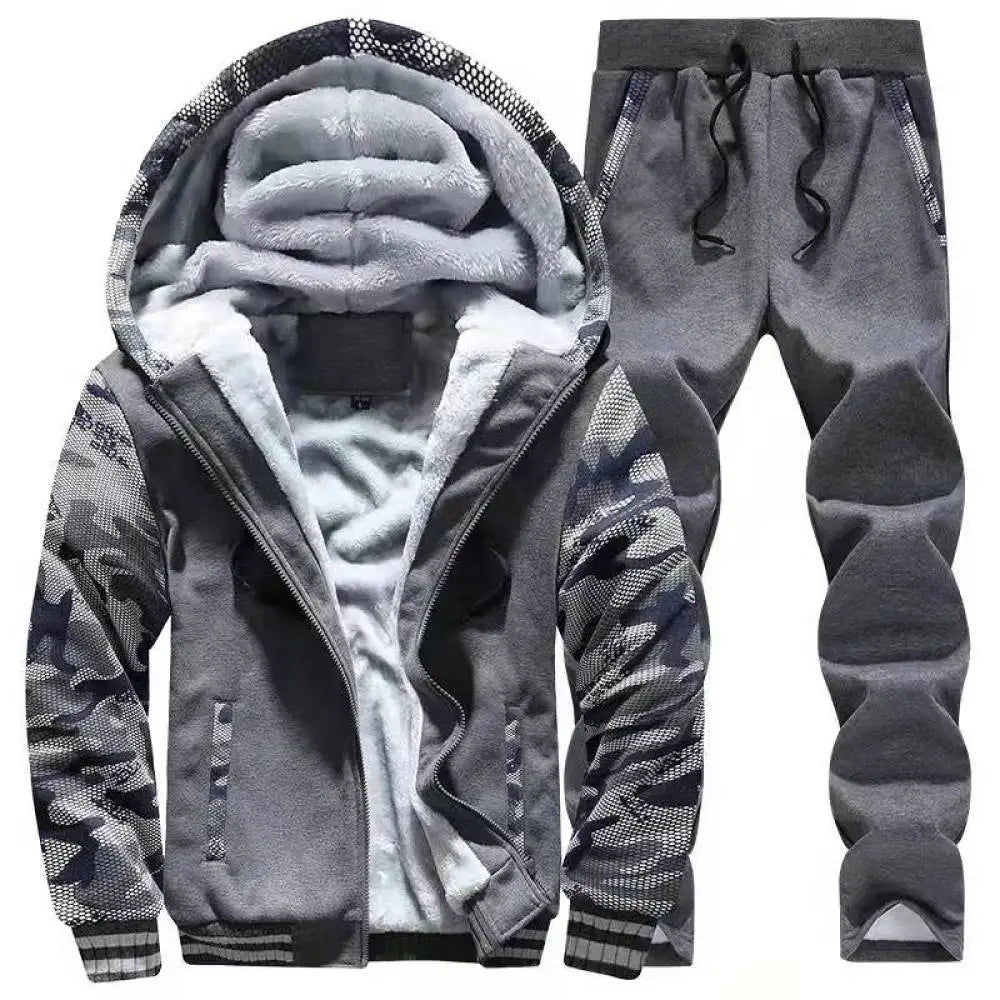 Men's Thick Warm Fleece Hooded Jacket and Pants Set