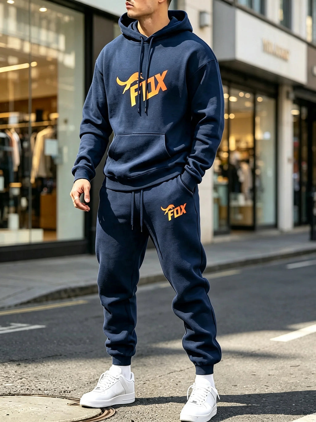 Men's Fox Print Hoodie and Sports Pants Two-Piece Set