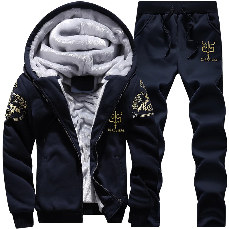 Men's Winter Hooded Plush Thickened Two Piece Set