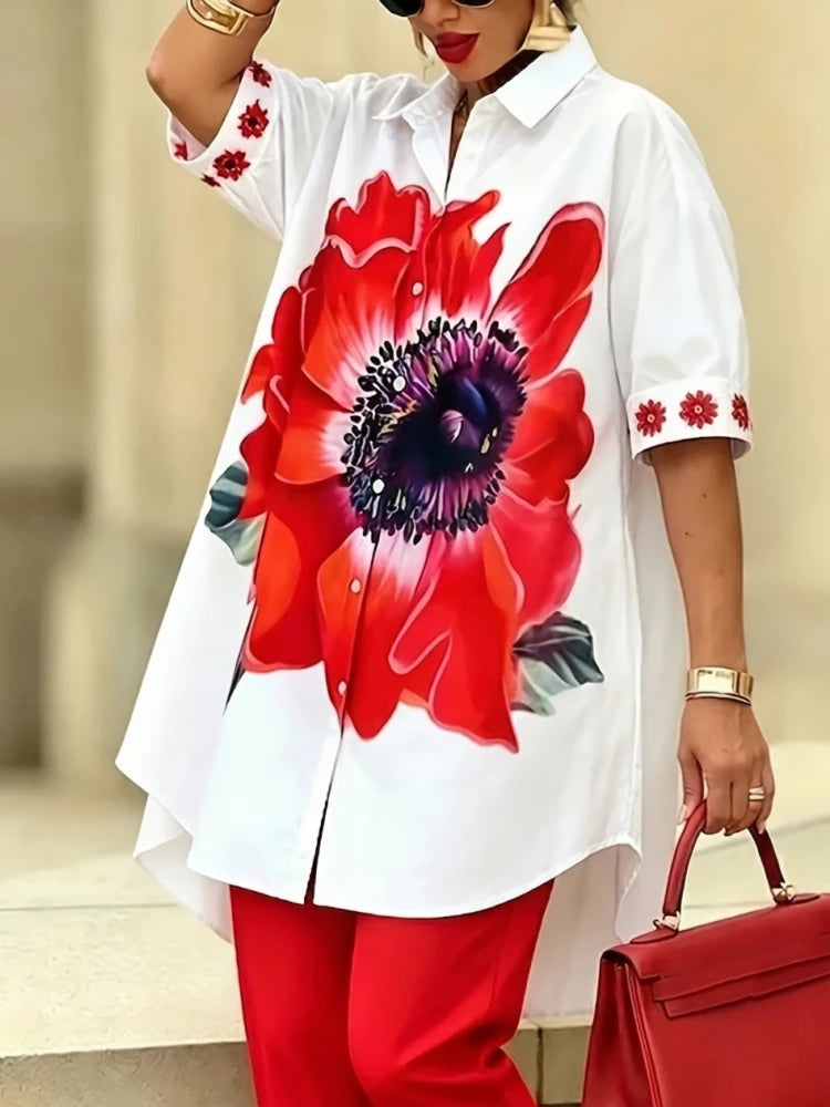 Women's Vintage Floral Print Shirt and Slim Pants 2-Piece Set