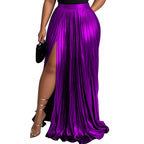 Women's High Waist Slit Pleated Maxi Skirt