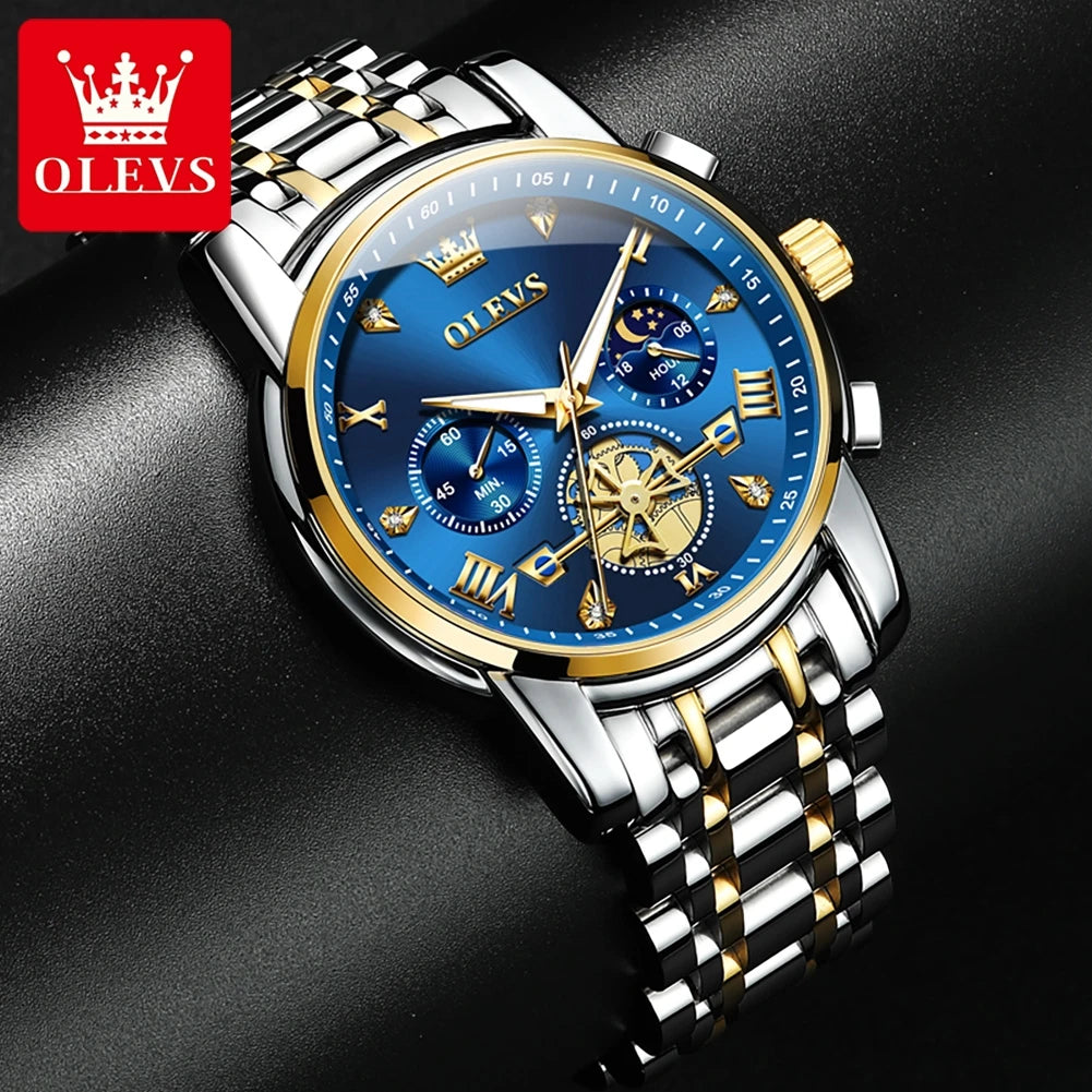 Men's Quartz Skeleton Chronograph Watch with Moon Phase