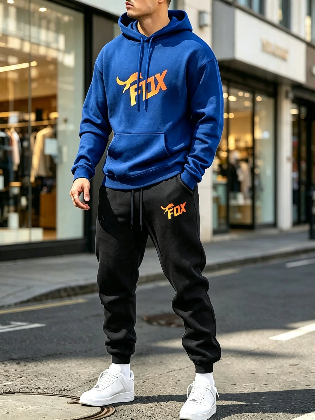 Men's Fox Print Hoodie and Sports Pants Two-Piece Set