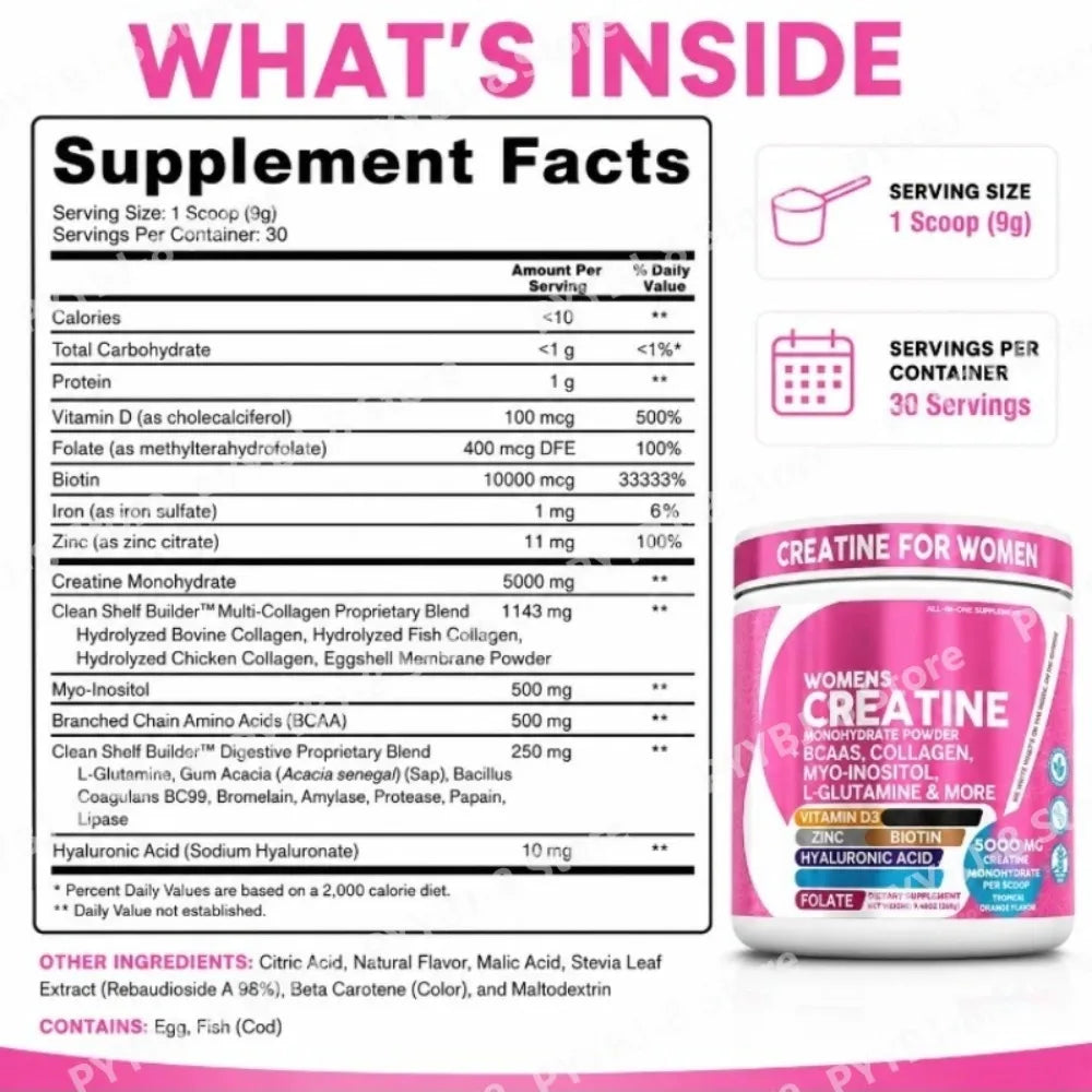 Women's Creatine Monohydrate BCAA Multi-Collagen Biotin Vitamin D3 Tropical Orange Powder