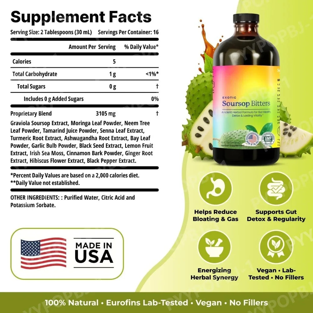 Soursop Bitters Liquid Herbal Extract Ginger Turmeric Sea Moss